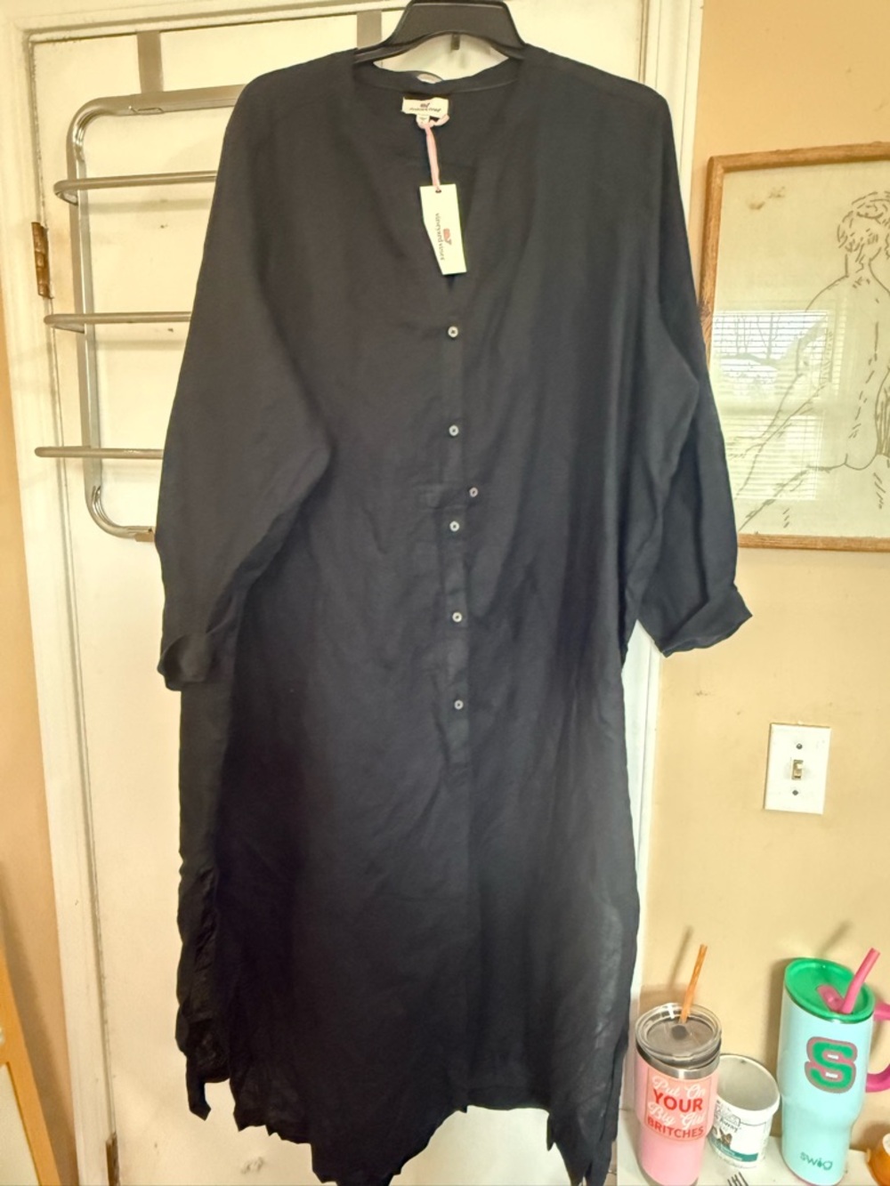 Vineyard Vines Black Long-Sleeve Button-Front Linen Coverup